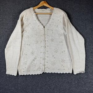 Vintage Yarnworks Embroidered Cardigan Womens Large L Ivory Pearl button Granny